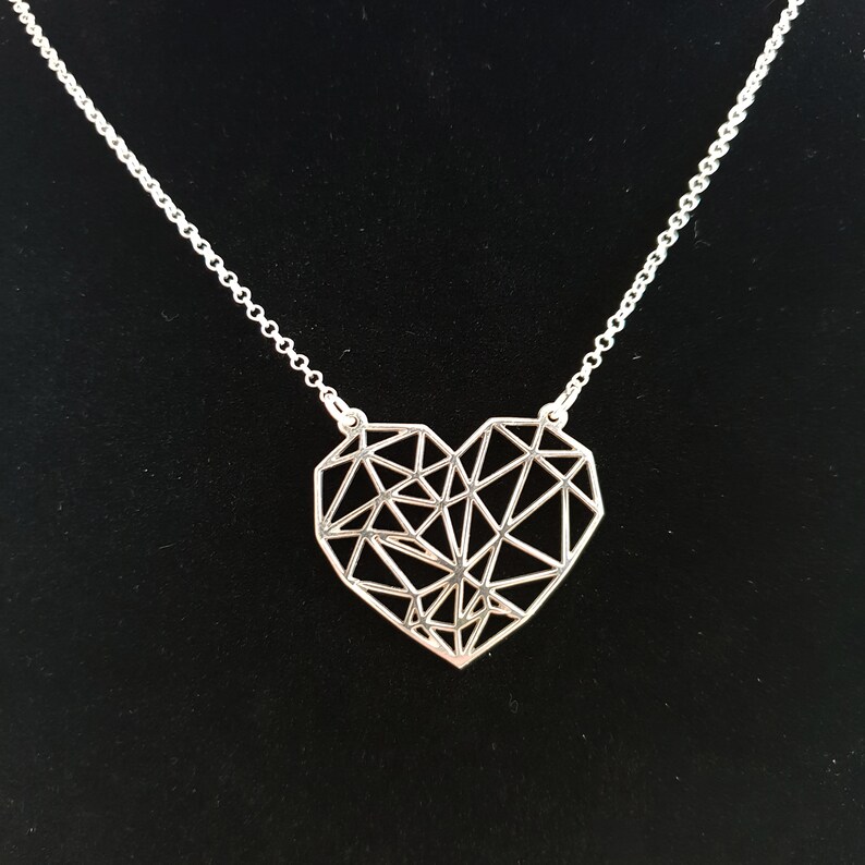 Geometric Heart Necklace Silver Heart Necklace Heart Etsy