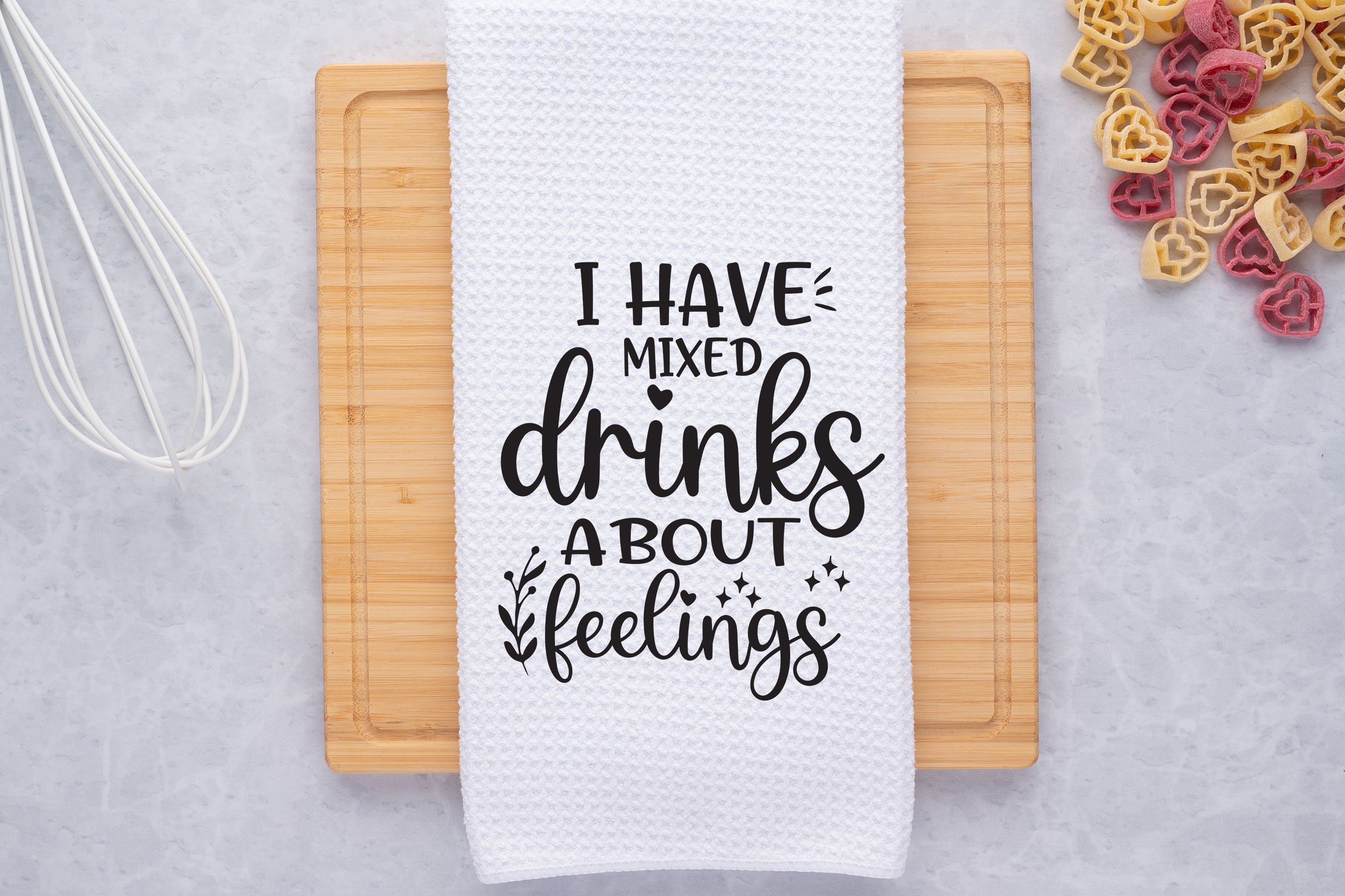 Funny Kitchen Towel: 'Mixed Drinks About Feelings' Waffle Weave Microfiber