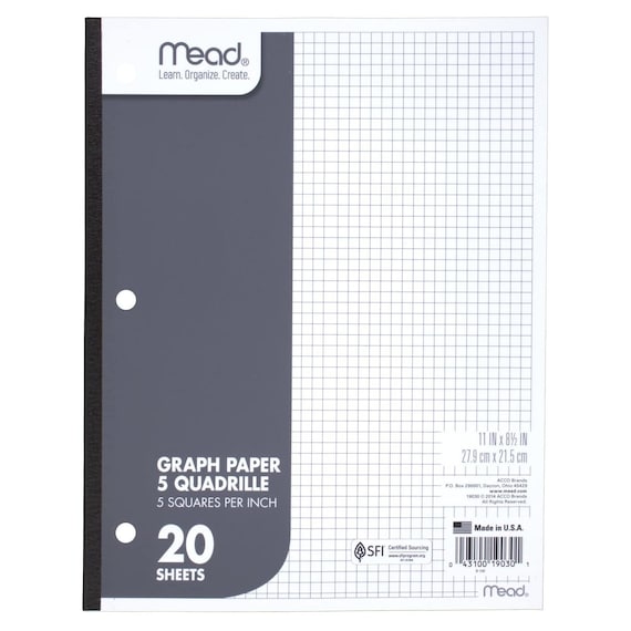 Mead Graph Paper Pad, Quadrille, 5 Squares per Inch, 11 X 8-1/2, 20 Sheets,  1 Pack 19030 
