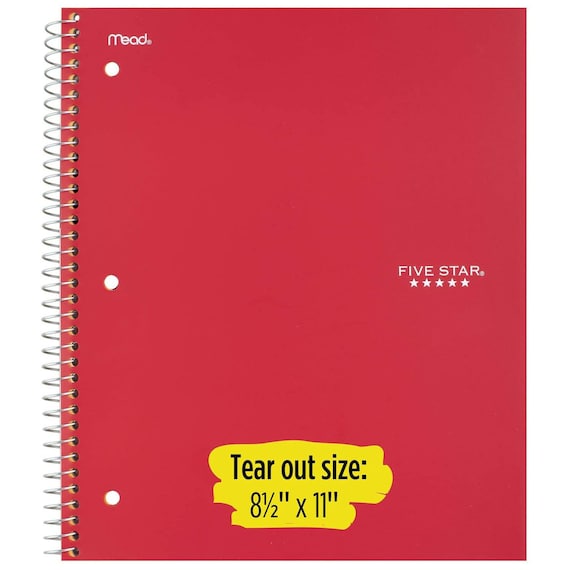 Five Star Spiral Notebook + Study App, 5 Subject, College Ruled Paper,  Fights Ink Bleed, Water Resistant Cover, 8-1/2 x 11, 200 Sheets, Color  Will