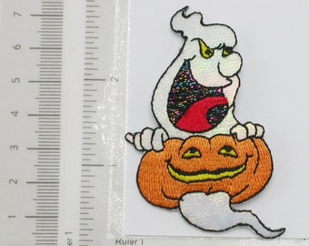 Sparkly Ghost with Pumpkin - Iron On Patch Applique  Measures 2 7/8" tall x 2" wide