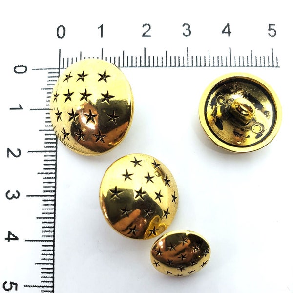 Domed Metal Button with stars 13mm 19mm or 21mm Bright Gold Finish Shank