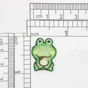 May include: Green frog applique with a red tongue, white belly, and black eyes. The frog is approximately 1 inch tall.