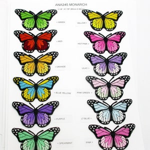 Puede incluir: Un conjunto de 10 parches de mariposa bordados para planchar en varios colores, incluyendo verde, amarillo, rojo, rosa intenso, naranja, lila, amarillo azul, verde rosa, morado, azul claro, menta y rosa. Cada parche mide 80 mm por 48 mm.