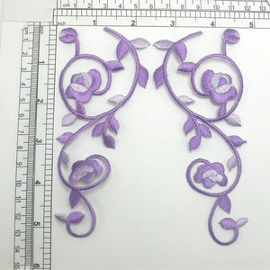 Flower Spray Patch Pair Swirly Roses - Embroidered Iron On Applique  5 3/8" high x 2 1/2" across each piece