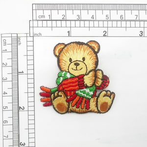 Bear with Scarf Patch Iron On Embroidered Applique Measures 2&quot; x 2&quot; 50mm x 50mm