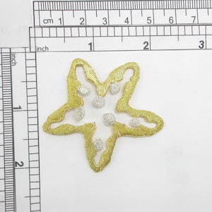 May include: Gold and silver embroidered starfish applique. The starfish is about 2 inches wide.