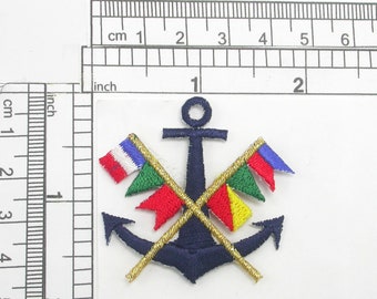 Anchor with Nautical Flags Iron On Embroidered Applique  1 7/8" across x 1 3/4" high