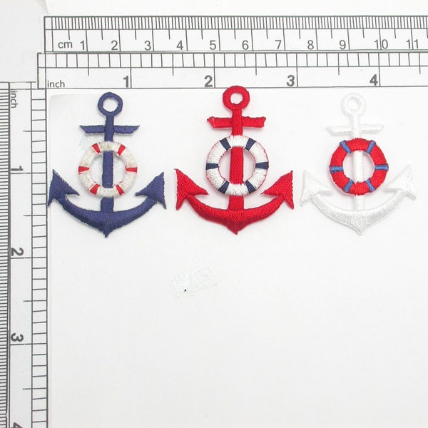 Anchor With Life Preserver - Iron On Patch Applique    Fully Embroidered    Measures 1 3/4" h (45mm)  x 1 3/8"w (35mm)