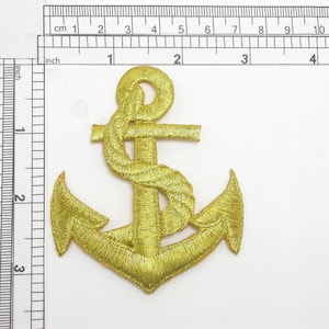 Nautical Anchor Met Gold Patch Iron On Embroidered Applique 3 3/8&quot; x 2 3/4&quot;