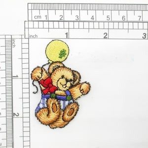 Bear with Balloon Patch Iron On Embroidered Applique   Measures 1 1/2" across x 2 1/4" high (38 x 57mm)