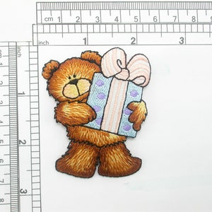 Bear with Gift Patch Embroidered Iron On Applique 2 1/8&quot; x 2 5/8&quot;