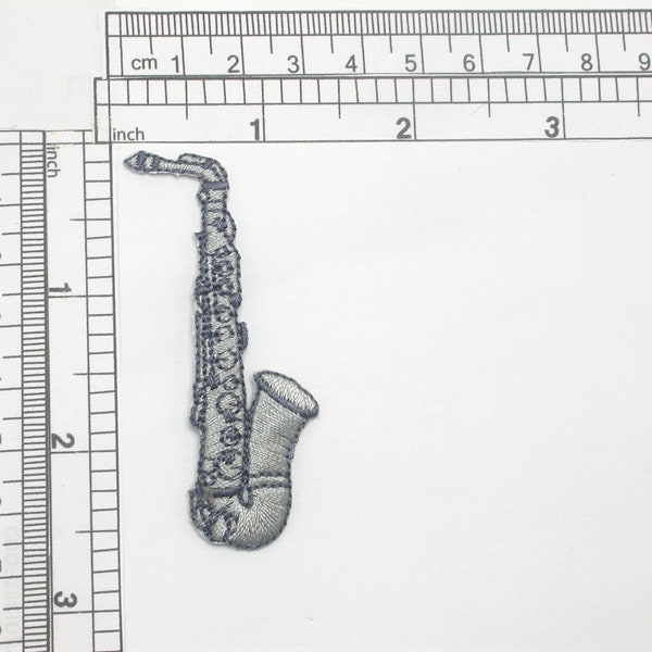 Saxophone Patch Embroidered Iron On Patch Applique - Silver Grey