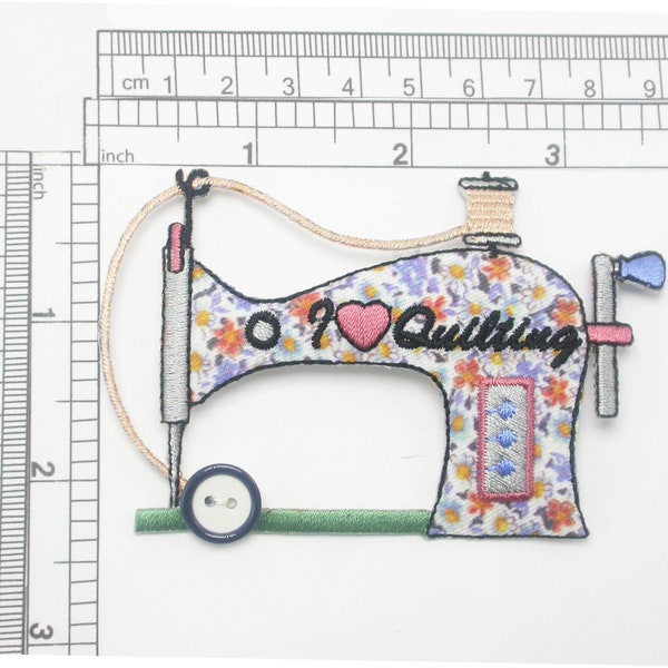 Sewing Machine "I Love Quilting" Iron On Patch Applique 3 5/8" long x 2 1/2" high