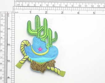 Hat Lasso & Cactus Patch Iron On Embroidered Applique    Measures 3 1/2" high x 3 1/4"