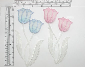 Tulip Spray Iron On Patch Embroidered Applique 3" x 6" Pink or Blue