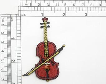 Violin Fiddle Iron On Embroidered Patch Applique Measures 2 7/8" high x 2" wide (73mm x 50mm)