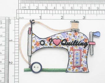 Sewing Machine "I Love Quilting" Iron On Patch Applique 3 5/8" long x 2 1/2" high