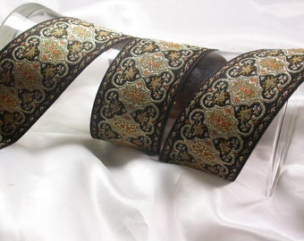 Jacquard Ribbon 2" 50mm Black Tan Gold priced per yard