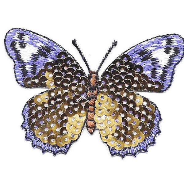 Sequin Butterfly Patch Gold & Purple Iron On Embroidered Applique 2 3/4" x 1 7/8"