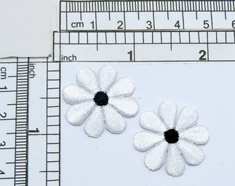 2 x Daisy White & Black Embroidered Iron On Applique