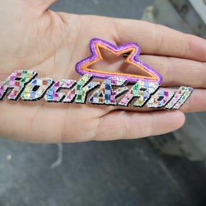Rock & Roll Sparkly Iron On Embroidered Applique 1 5/8" high x 5" wide