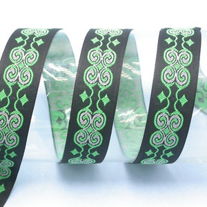 Celtic Jacquard Ribbon 1&quot; (25MM) Gray & Green on Black 3 Yards