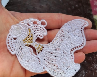 Toppa a forma di pesce Fantail in pizzo di Venezia, in cotone bianco con dettagli dorati, da cucire.