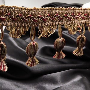 Kwastje Fringe met Fancy gevlochten header 2 5/8" (67mm) High End geprijsd op maat gesneden oud goud, wijn & nerts