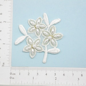 Off White Gold Beaded Bridal Flower Applique - Embroidered Iron On Patch