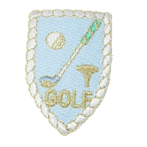 May include: A blue and white embroidered patch with a golf club, golf ball, and the word "GOLF" in gold thread.