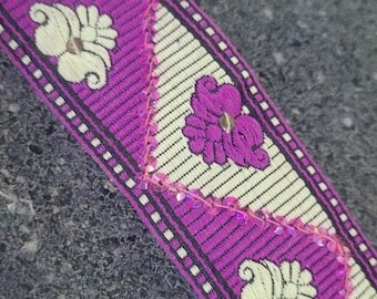 Jacquard Ribbon 1 5/8" Magenta & Ivory with Sequins Priced Per Yard