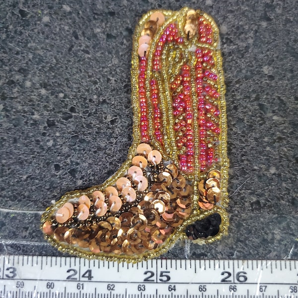 Vintage sequin & Bead applique Western Cowboy Boot  3 1/2" x 2 1/2" craft, job lot, closeout Panda bits n bobs