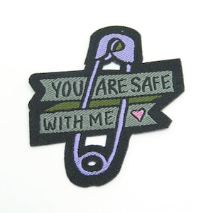 Safety Pin Iron on Woven Patch Applique - &quot;You are safe with me&quot;