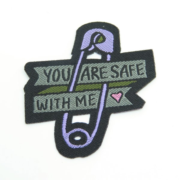 Safety Pin Iron on Woven Patch Applique - "You are safe with me"
