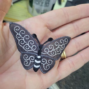 Butterfly Black & White Iron On Embroidered Applique 3" x 2" high ( 75mm x 50mm)
