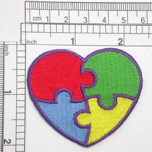 Autism Awareness Heart 2&quot; Iron On Embroidered Applique  Measures 2&quot; high x 2 3/8&quot; wide approximately (50mm x 60mm)