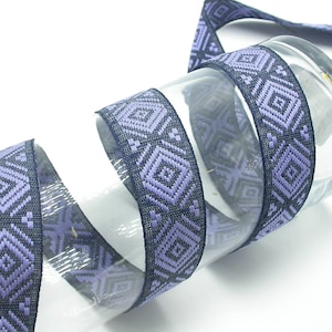 Jacquard Ribbon 1 1/8&quot; Diamond Denim & Lilac  priced per Yard sewing trim