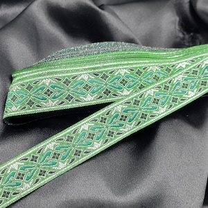 Jacquard Ribbon Green Silver 7/8&quot; (22mm) Metallic Medieval style Priced per yard