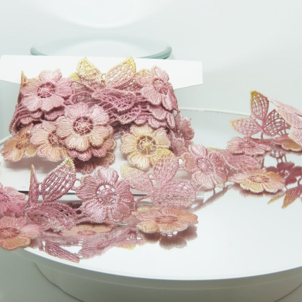 Venice Lace 2 3/16" (56mm) Flower Rose - Rose Peach Variegated Shades remnant continuous lengths