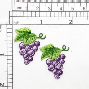 Può includere: Due grappoli d'uva ricamati con foglie verdi e uva viola. L'uva ha un diametro di circa 2,5 cm.