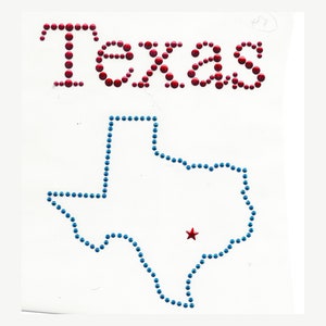 May include: Red and blue rhinestones form the word "Texas" and an outline of the state of Texas. A red rhinestone star is in the centre of the state outline.