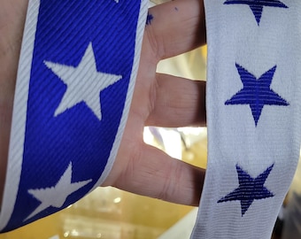 Jacquard Ribbon 1 9/16" Blue White Star Priced Per Yard Reversible