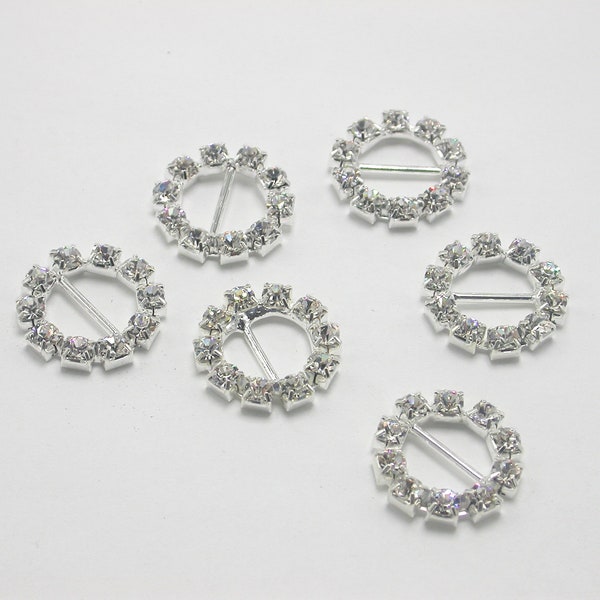 Mini Slide Buckles with Crystal Rhinestones - Ribbon Sliders Circle 3/4"  (22mm) Bar 1/4" 8mm  Set of 6