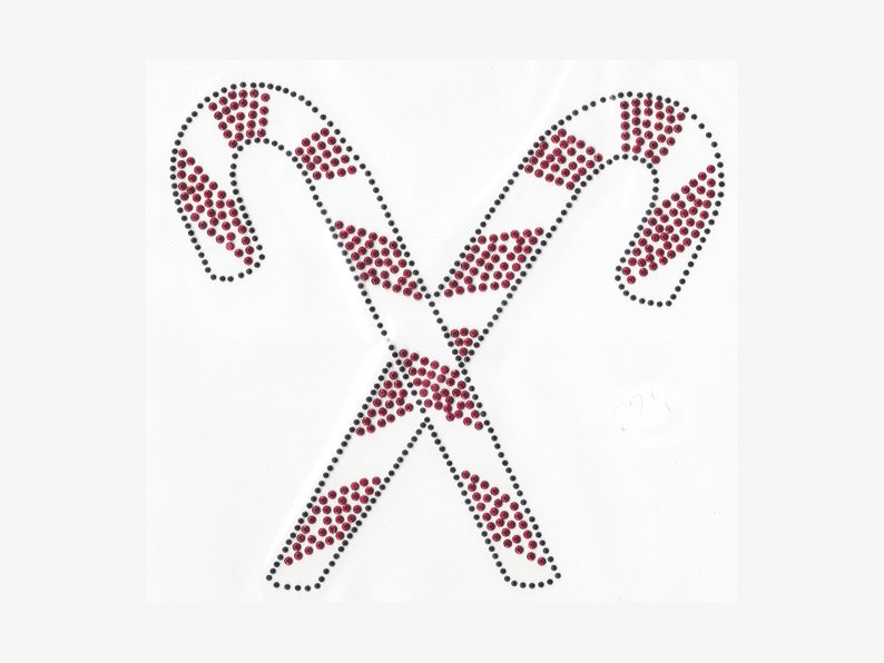 Rhinestud Applique Colors Red /& Black Measures 7 18 across x 6 12 Iron On or Heat Transfer Candy Canes