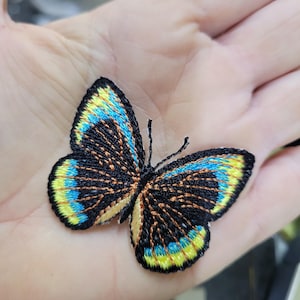 Butterfly Embroidered Iron on Applique   1 7/8" across x 1 5/8" Black Blue Yellow