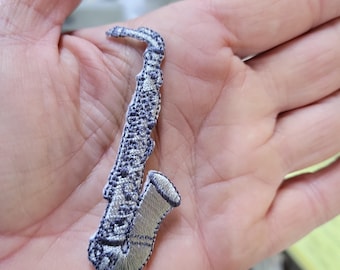 Saxophone Patch Embroidered Iron On Patch Applique - Silver Grey