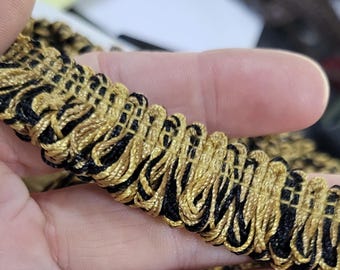 Thick Looped Fringe Trim, Old Gold & Black, 3/4" Decorator Sewing Embellishment per yard