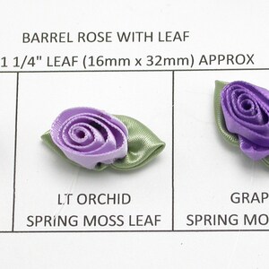 May include: Three barrel rose embellishments with leaves. The flowers are 5/8 inch and the leaves are 1 1/4 inch (16mm x 32mm). Colors include light coral, light orchid, and grape. The leaves are spring moss and willow leaf.