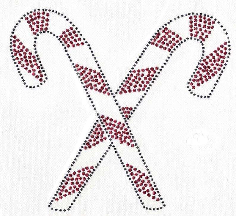 Rhinestud Applique Colors Red /& Black Measures 7 18 across x 6 12 Iron On or Heat Transfer Candy Canes